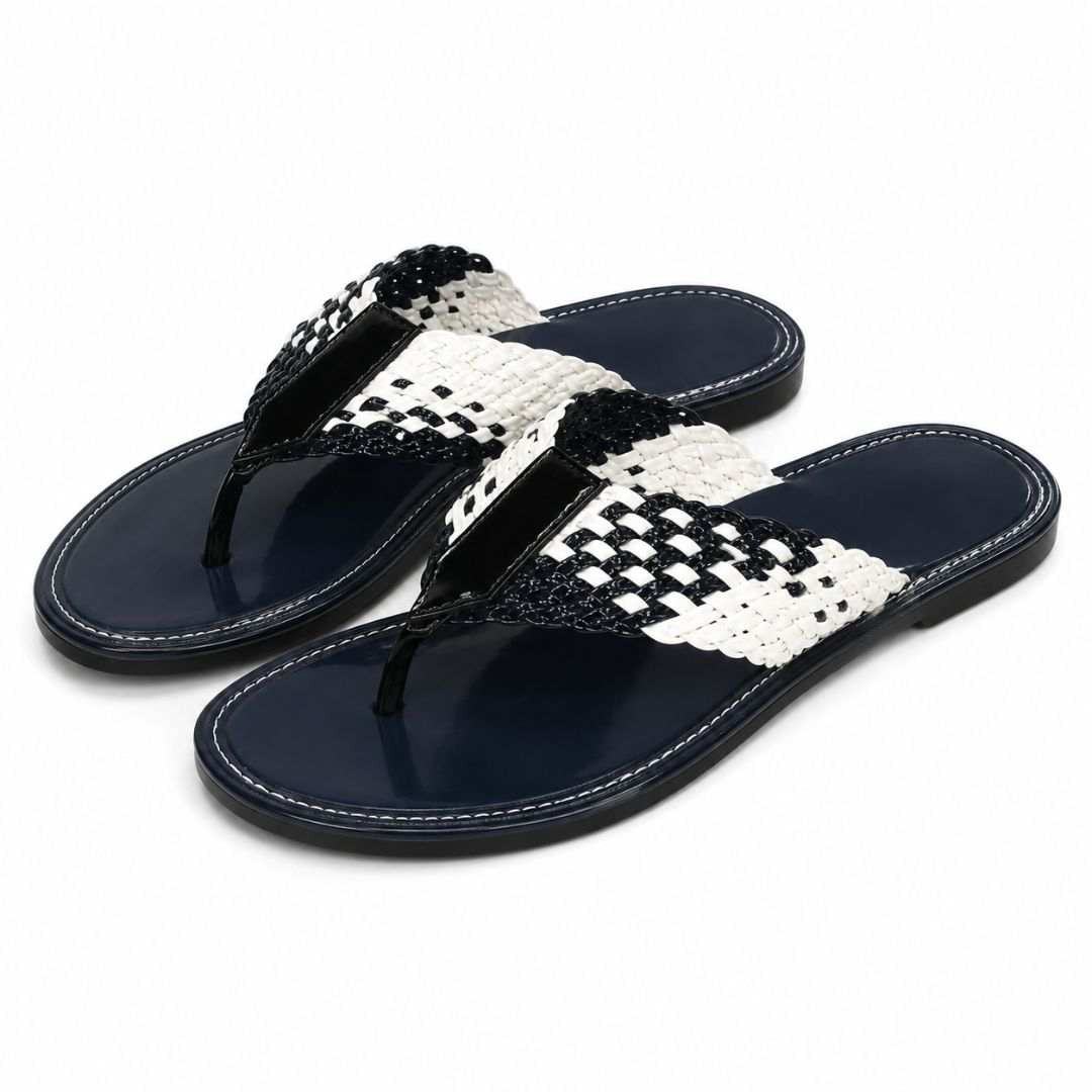Womens Woven Two Tone Flat Thong Sandals