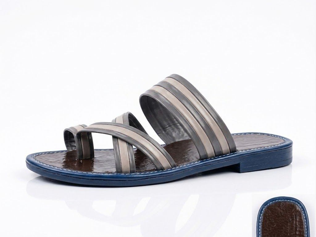 Mens Grey and Cream Cross Strap Flat Slide Sandals