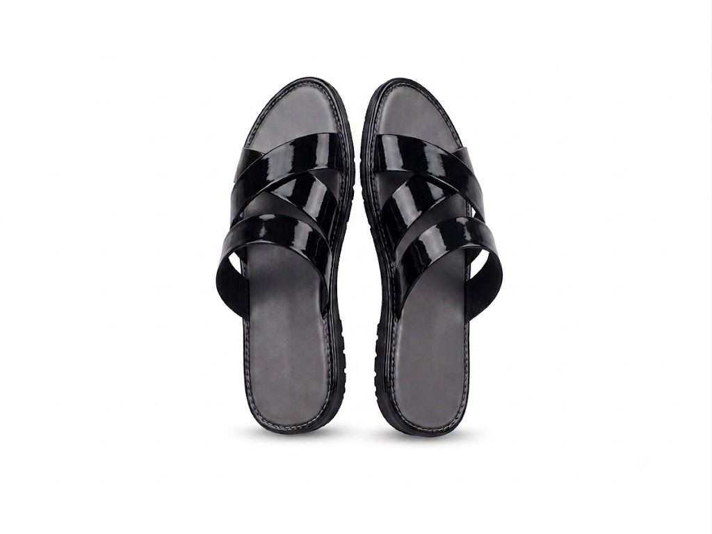 Black Glossy Crisscross Flat Slide Sandals