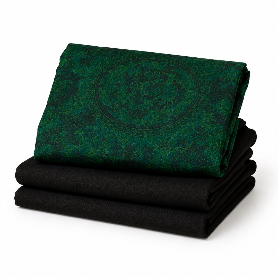 Premium Plain and Pattern Fabric Set    Emerald Green and Black