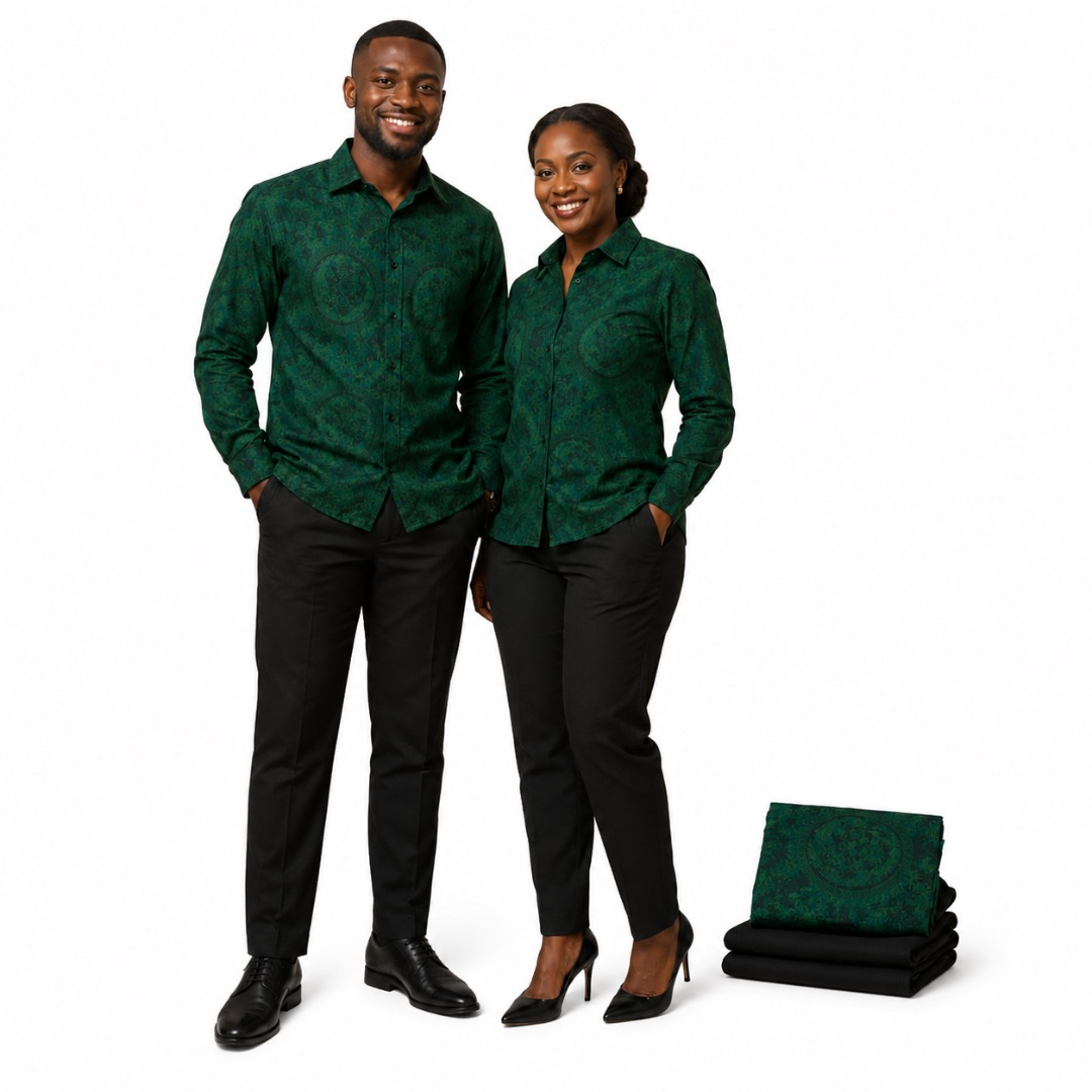 Premium Plain and Pattern Fabric Set    Emerald Green and Black