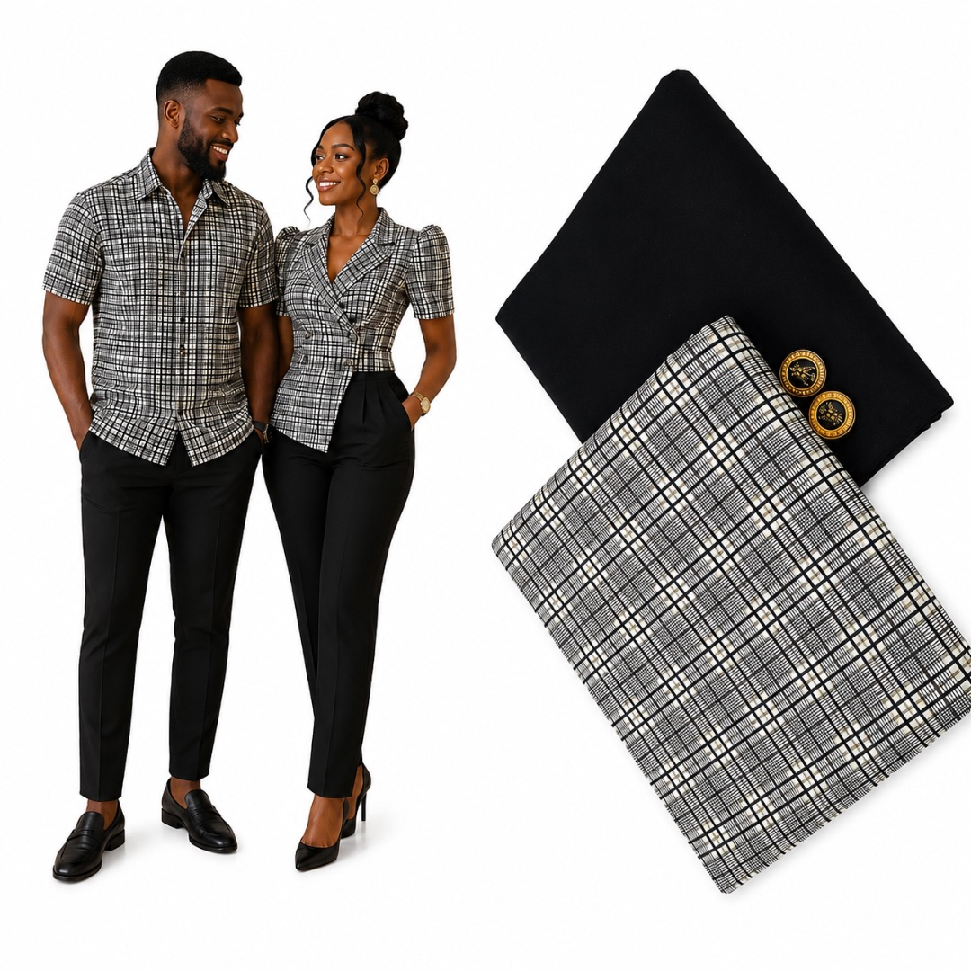 Premium Plain and Pattern Fabric Set     Black and Grey Check