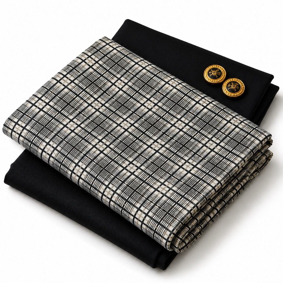 Premium Plain and Pattern Fabric Set     Black and Grey Check