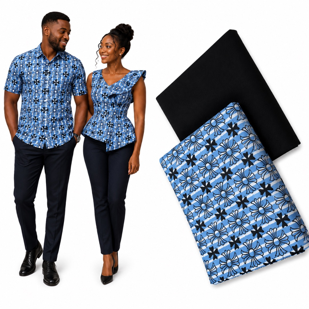 Premium Plain and Pattern Fabric Set     Sky Blue Floral and Black