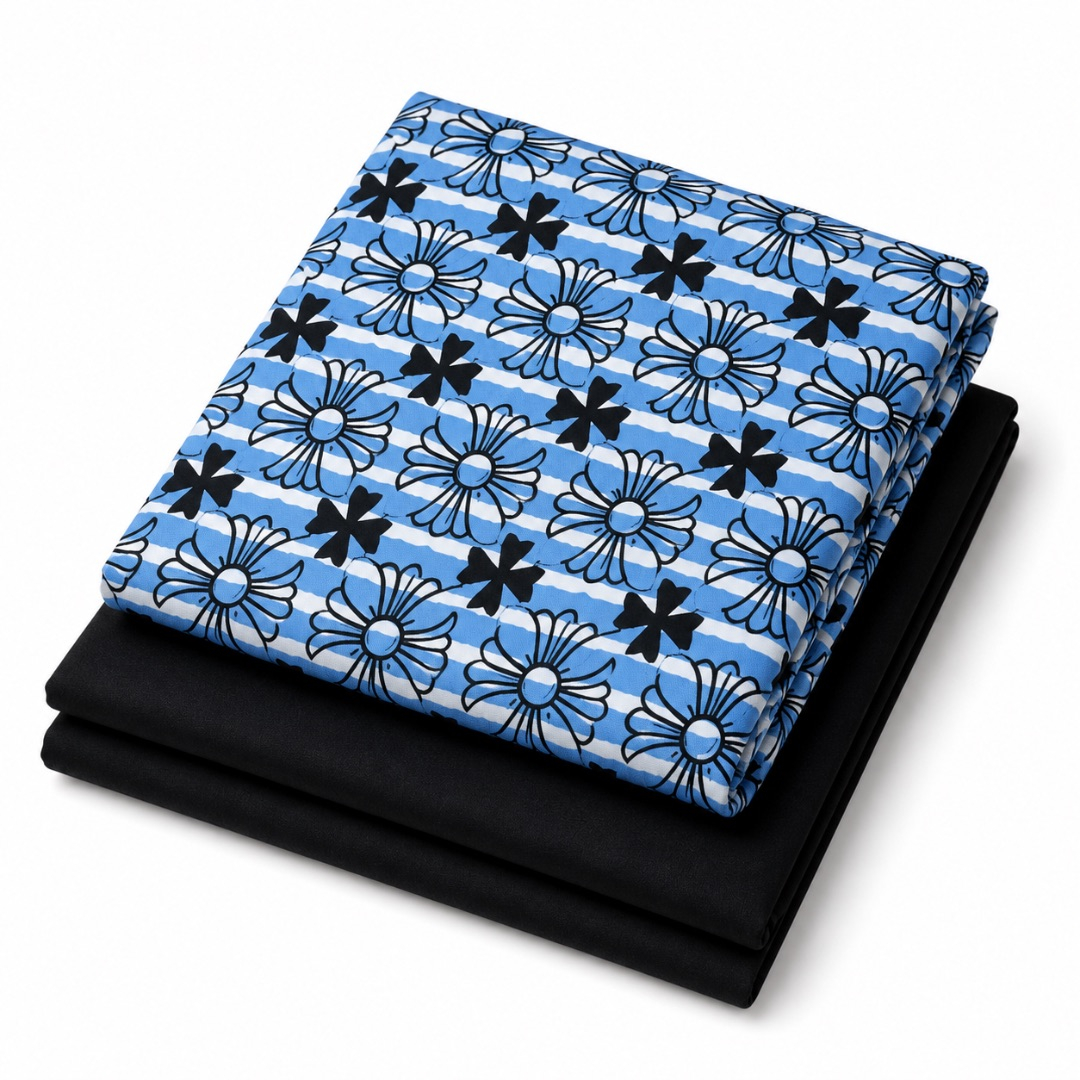Premium Plain and Pattern Fabric Set     Sky Blue Floral and Black