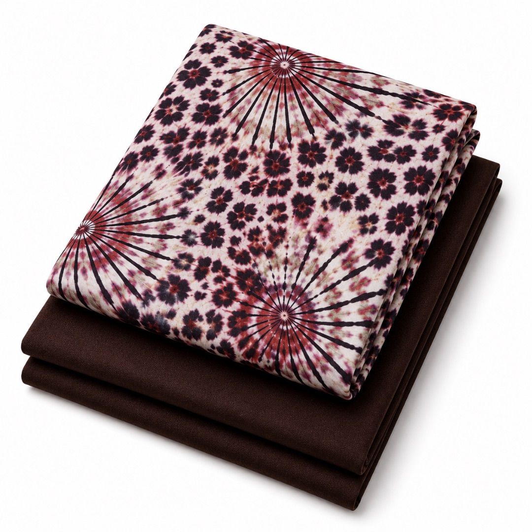 Premium Plain and Pattern Fabric Set    Wine Floral Burst and Chocolate Brown