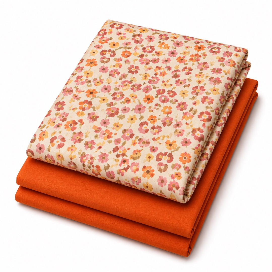 Premium Plain and Pattern Fabric Set     Cream Floral  and Burnt Orange