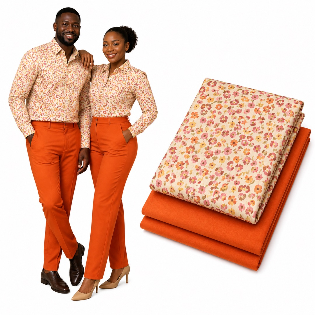 Premium Plain and Pattern Fabric Set     Cream Floral  and Burnt Orange