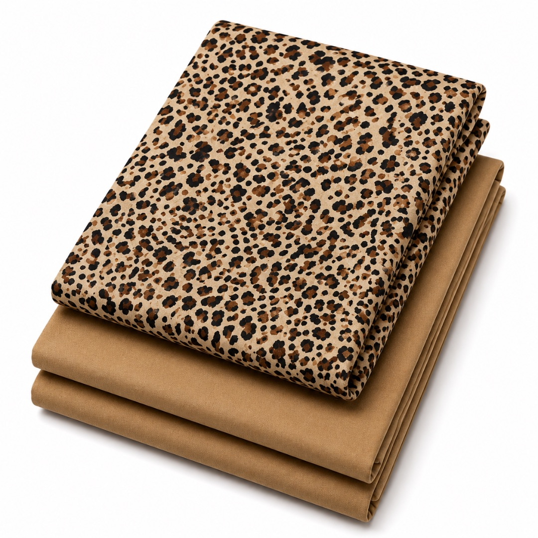 Premium Plain and Pattern Fabric Set    Leopard Print and Camel Brown