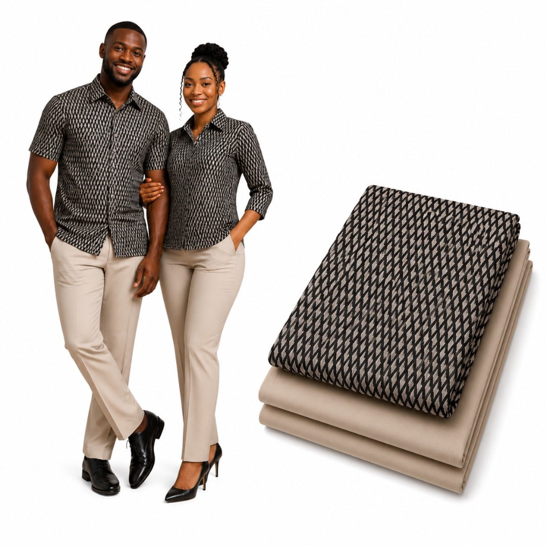 Premium Plain and Pattern Fabric Set    Black Diamond and Stone Beige