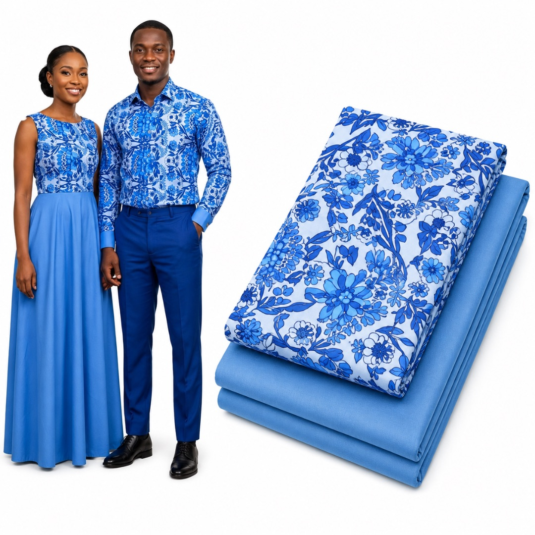 Premium Plain and Pattern Fabric Set      Blue Floral and Sky Blue