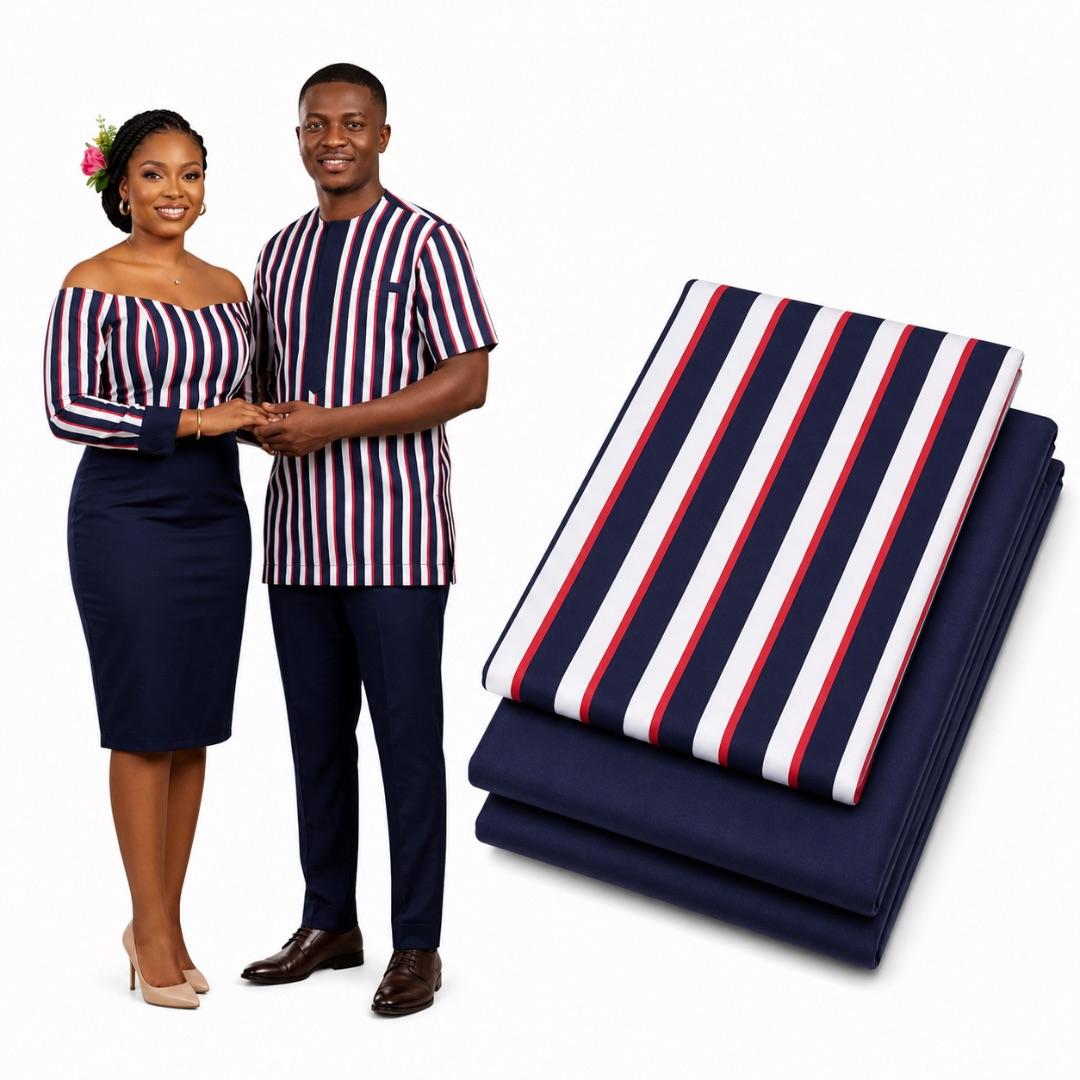 Premium Plain and Pattern cotton Fabric Set     Navy Blue  White and Red Stripe