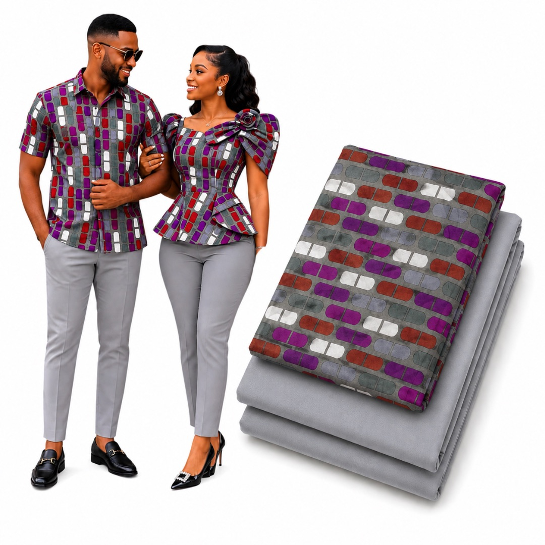 Premium Plain and Pattern cotton Fabric Set      Grey Geometric and Light Grey