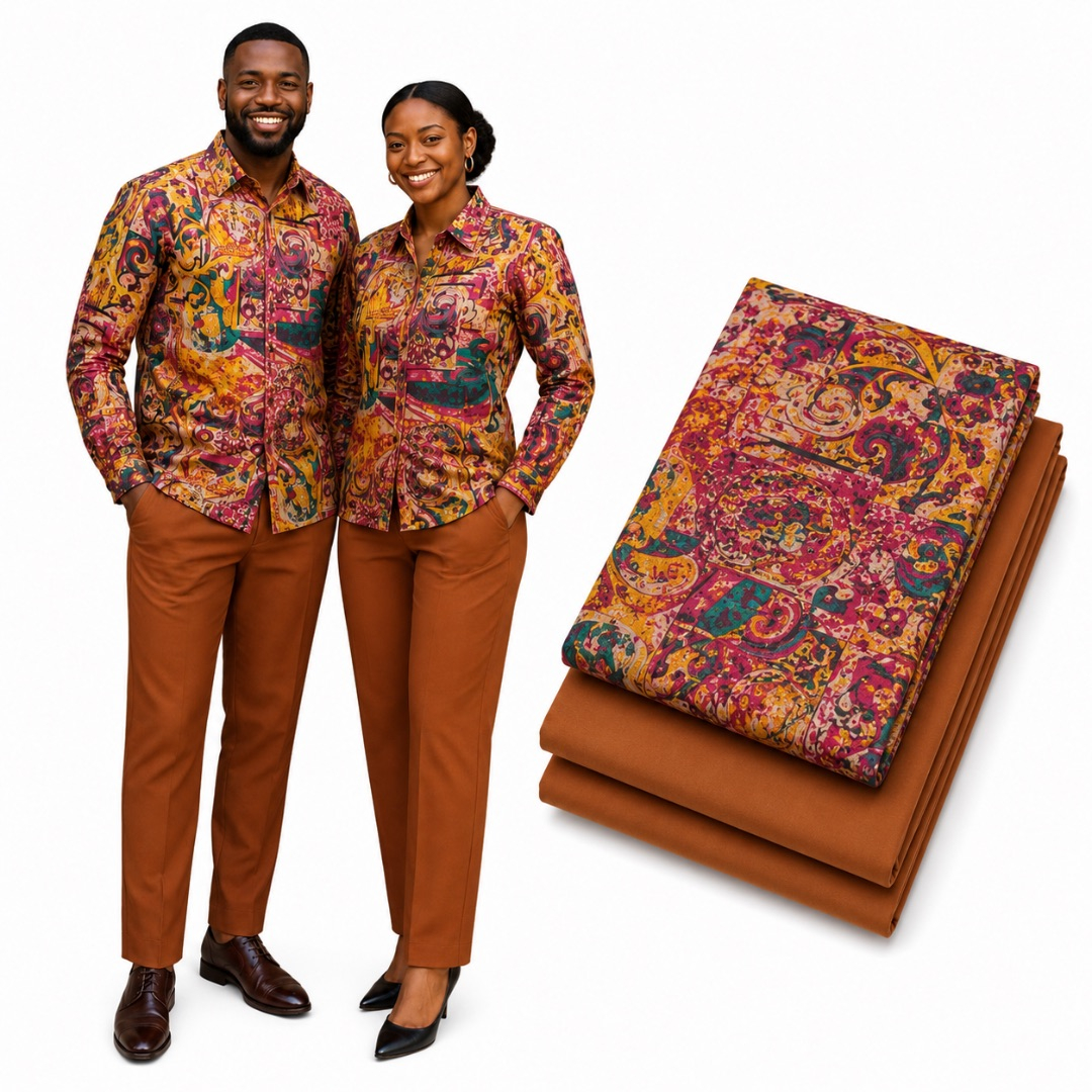 Premium Plain and Pattern cotton Fabric Set      Rust Brown Paisley Print
