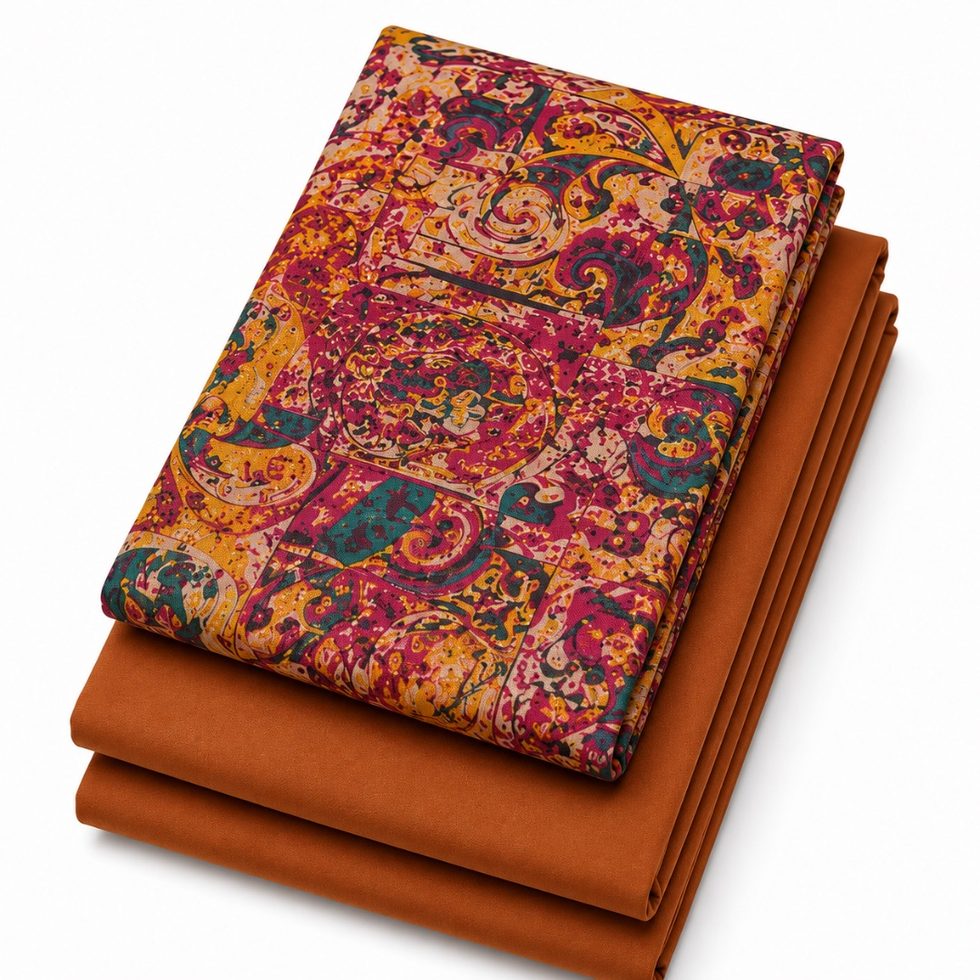 Premium Plain and Pattern cotton Fabric Set      Rust Brown Paisley Print
