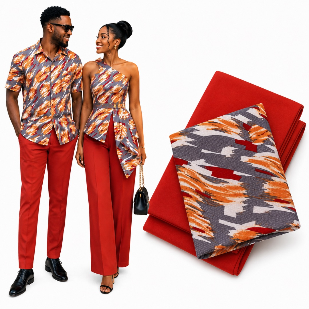 Premium Plain and Pattern cotton Fabric Set      Red Orange and Grey Abstract Print
