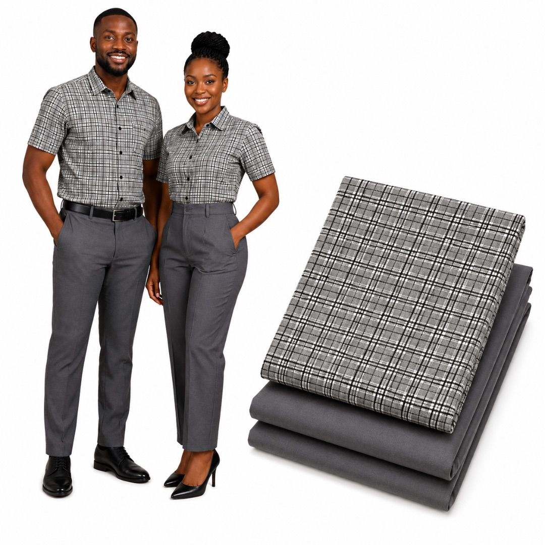 Premium Plain and Pattern cotton Fabric Set     Black and White Check with Charcoal Grey