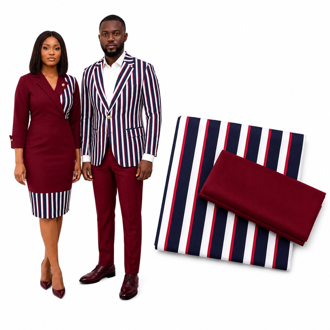 Premium Plain and Pattern cotton Fabric Set     Navy Blue and White Stripe with Wine Plain Fabric