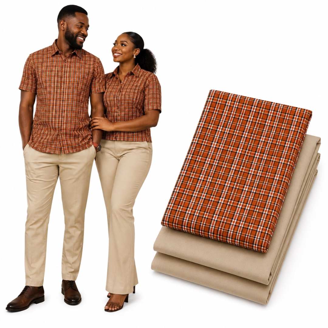Premium Plain and Pattern cotton Fabric Set     Burnt Orange Plaid with Beige Plain Fabric