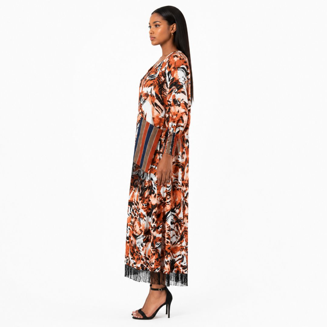 Women Abstract Print Fringe Maxi Dress