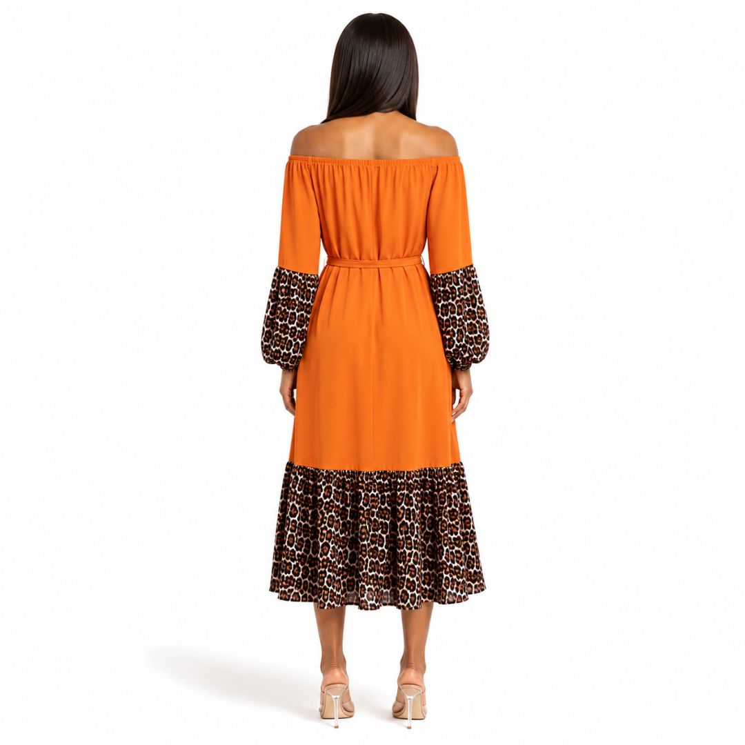 Women Off Shoulder Midi Dress with Leopard Print