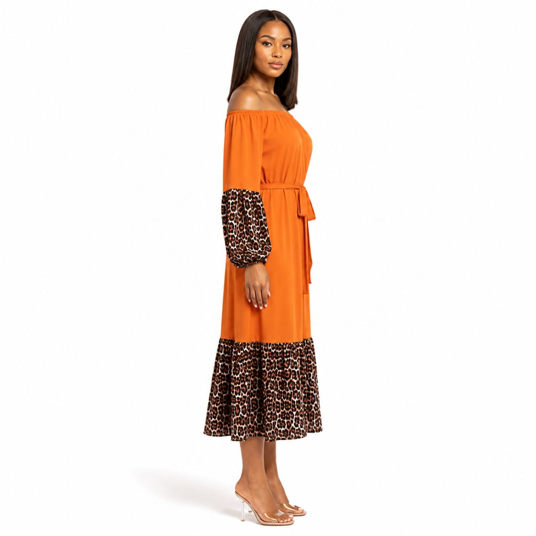 Women Off Shoulder Midi Dress with Leopard Print