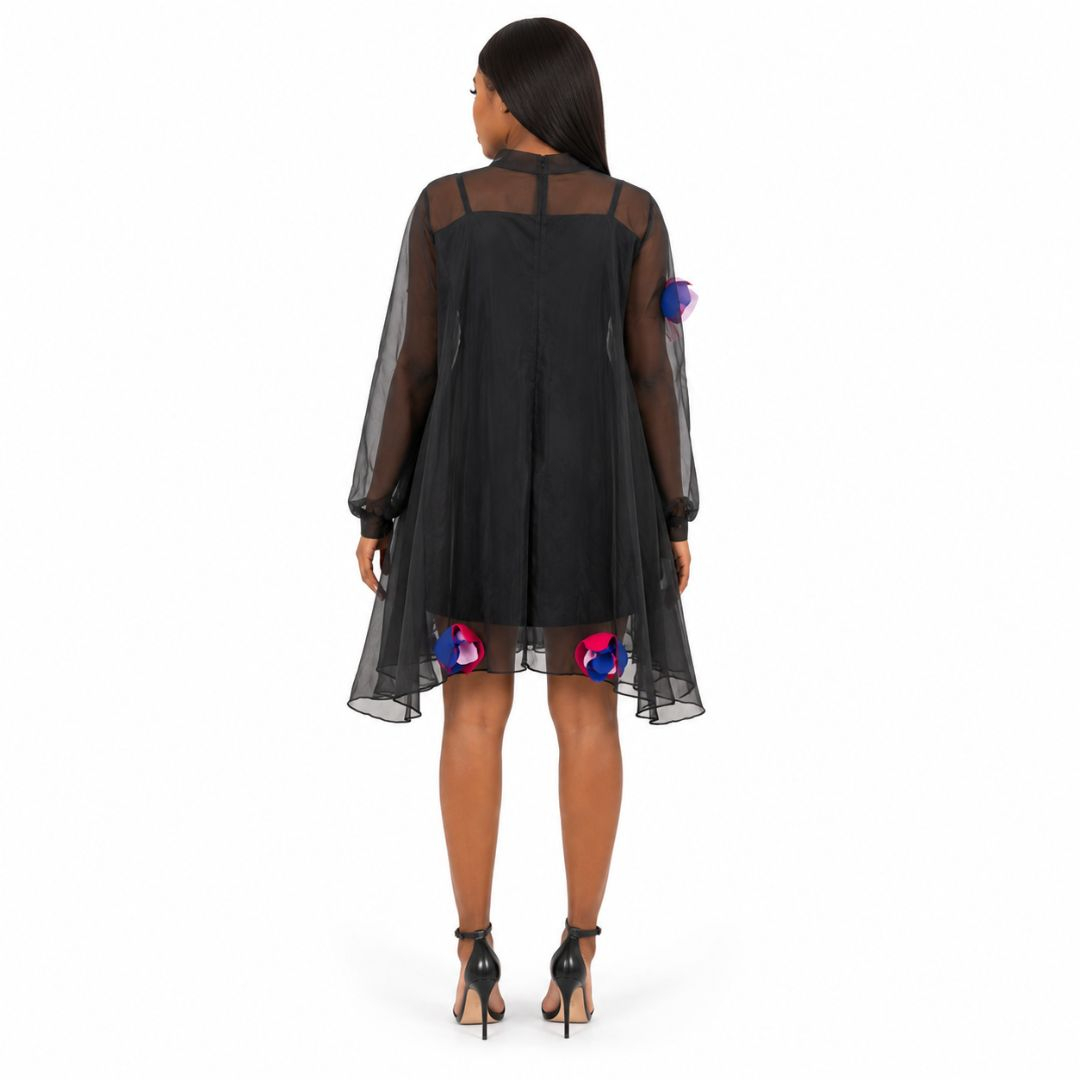 Women Sheer Overlay Mini Dress with Floral Applique