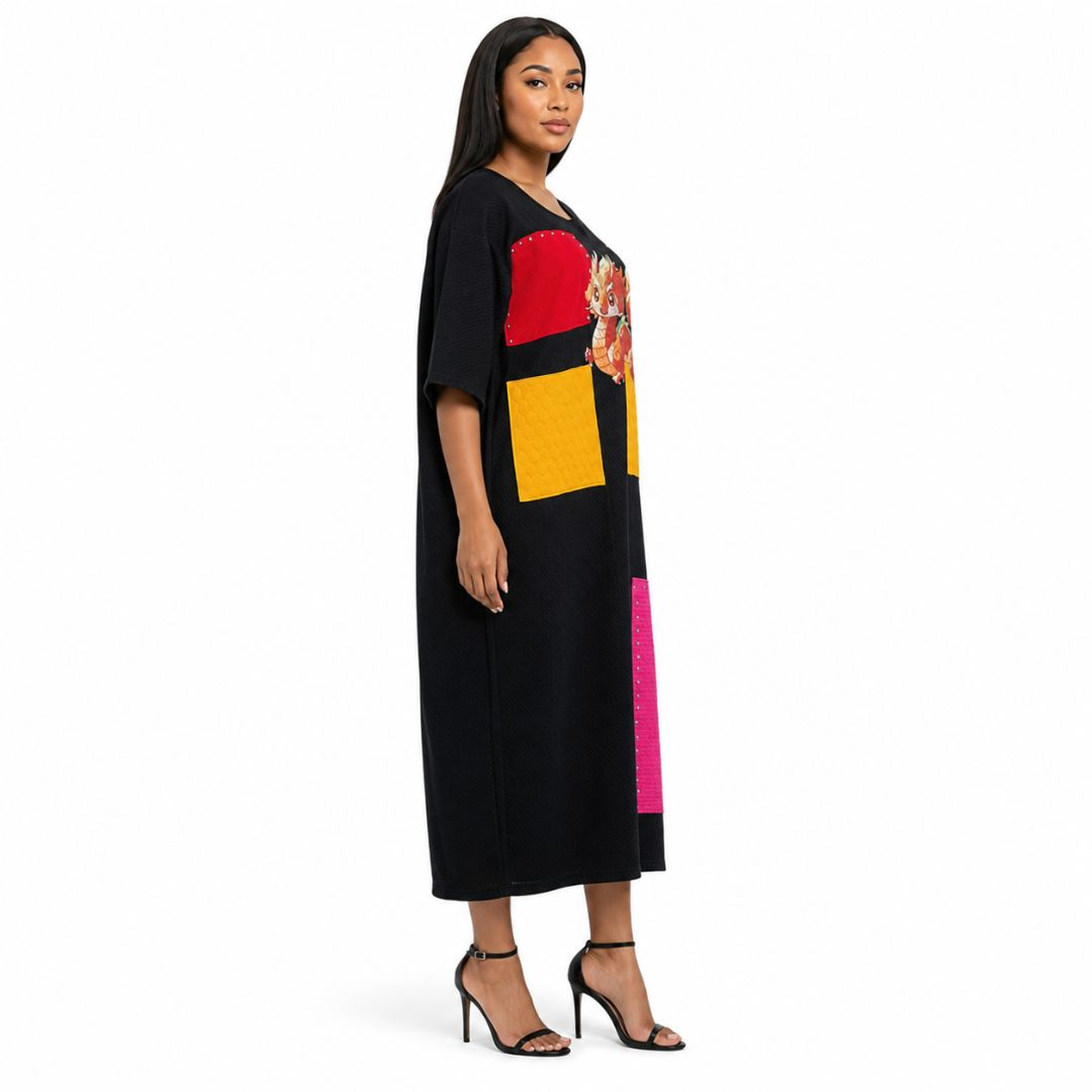 Textured Graphic Midi Dress with Patch Pockets