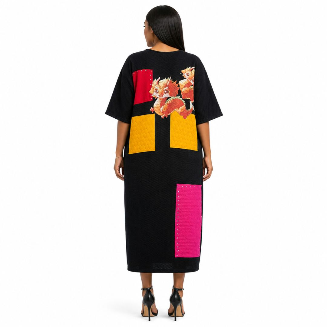 Textured Graphic Midi Dress with Patch Pockets