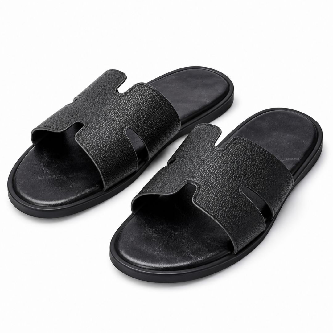 Black Leather H Cut Slide Sandals