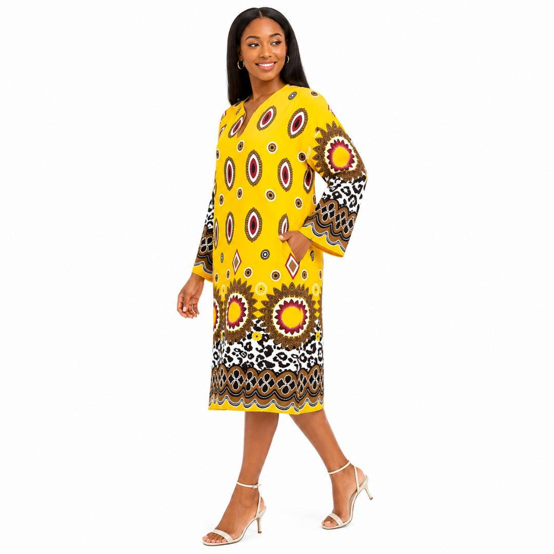 Womens Yellow Floral Print Midi Dress