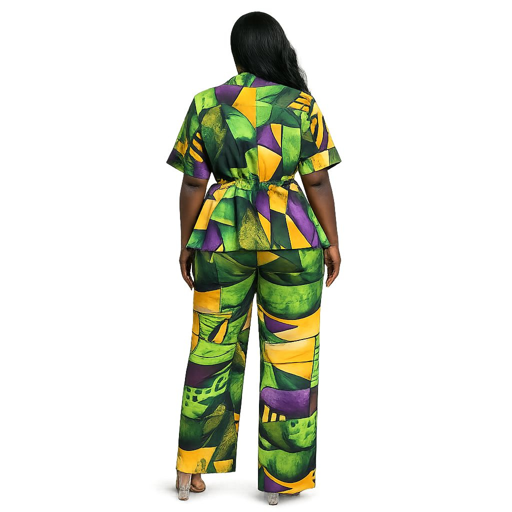 Women Printed Two Piece Short Sleeve Top and Trouser Set
