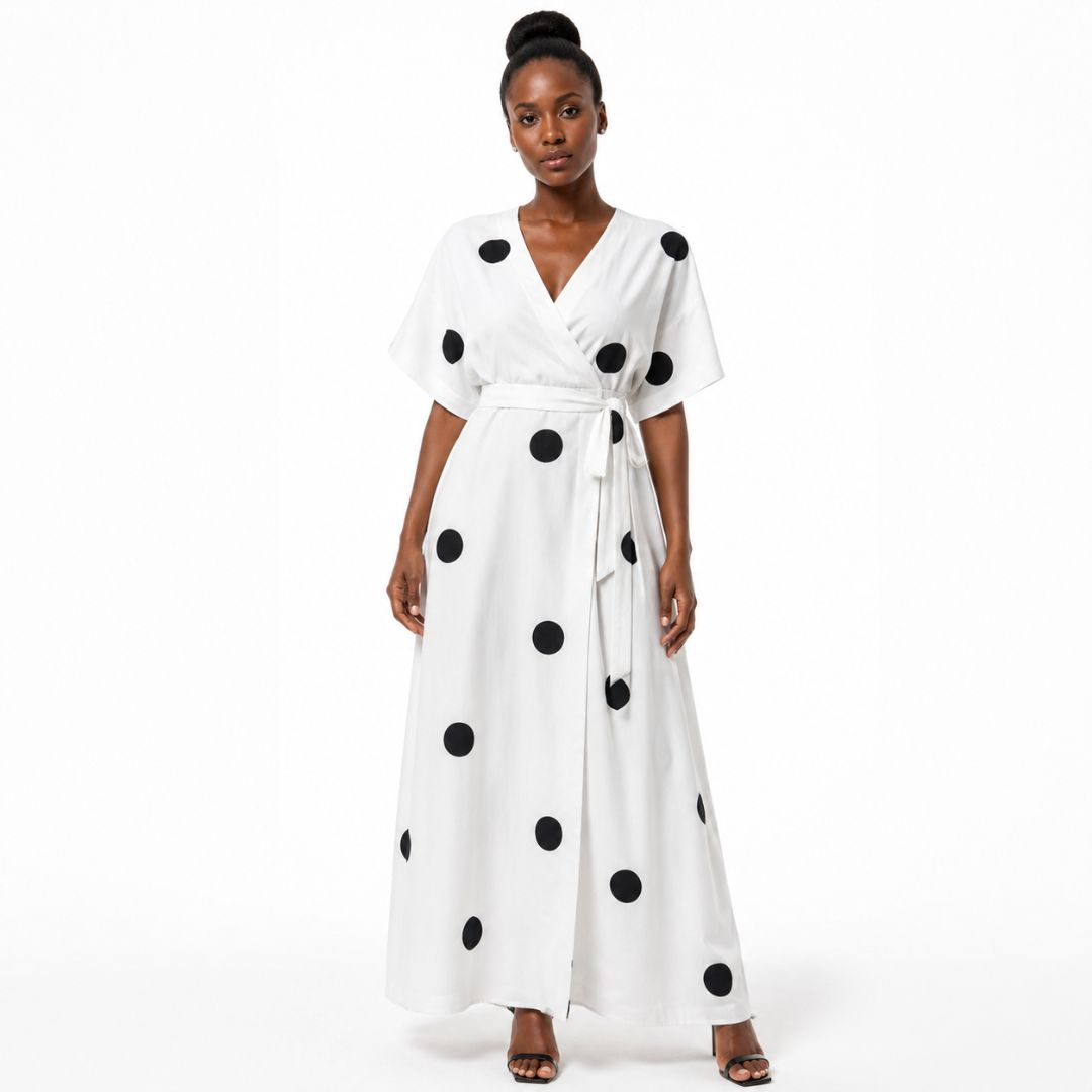 White & Black Polka Dot Crepe Fabric