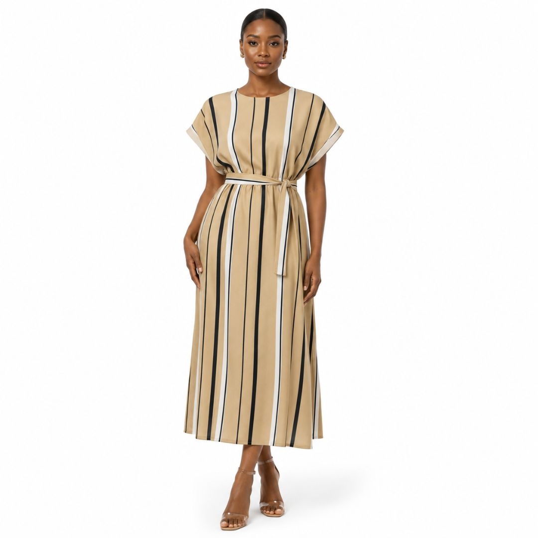 Beige Italian pigal Striped Polyester Fabric for Dresses & Fashion Wear