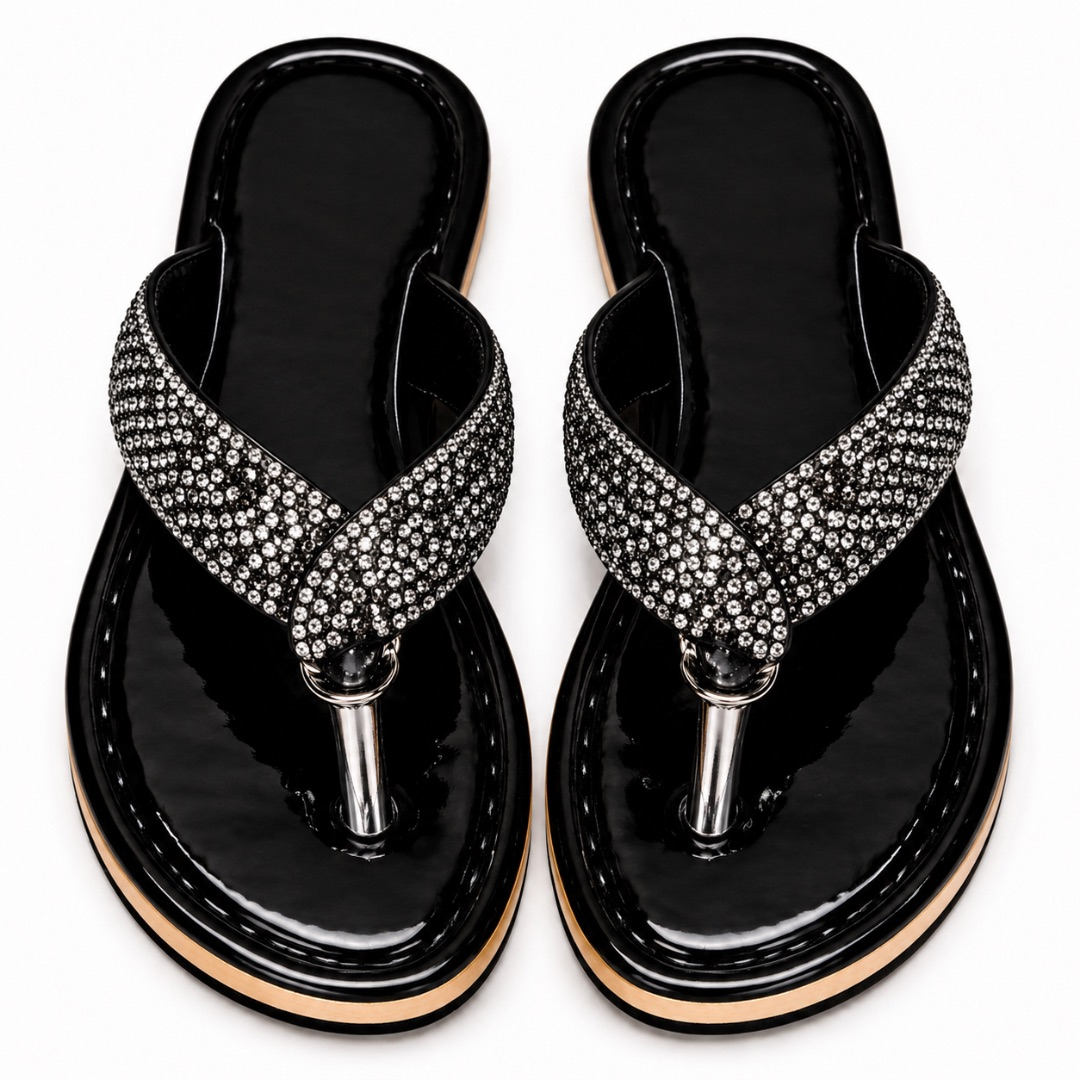 Women Black Rhinestone Flat Thong Sandals