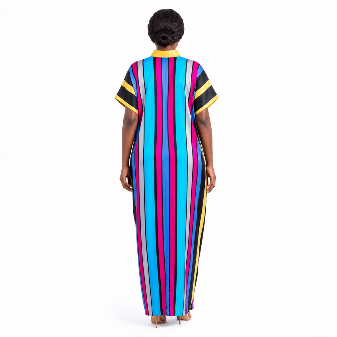Multicolor Striped Kaftan Maxi Dress with Tassel Detail