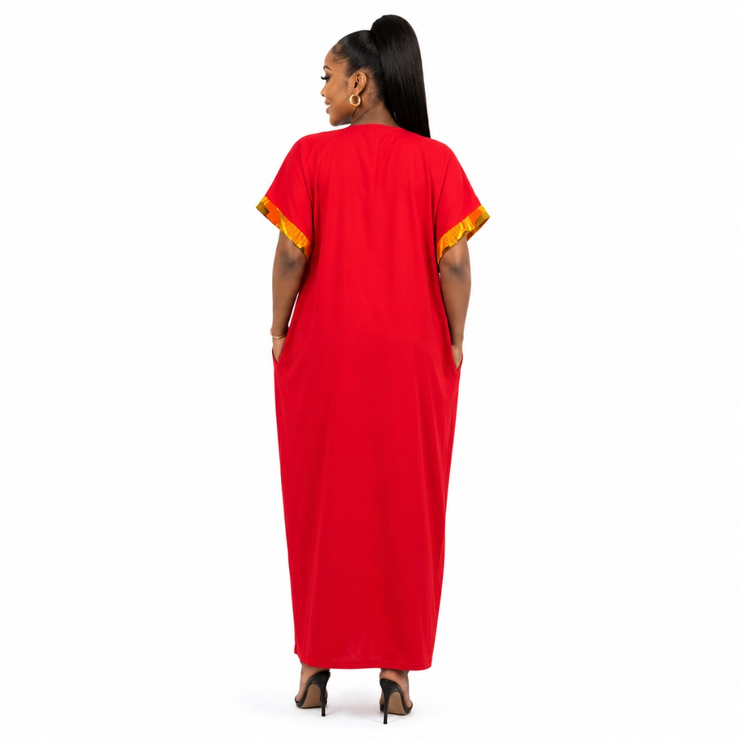 Solid Red Kaftan Maxi Dress with Geometric Print Trim