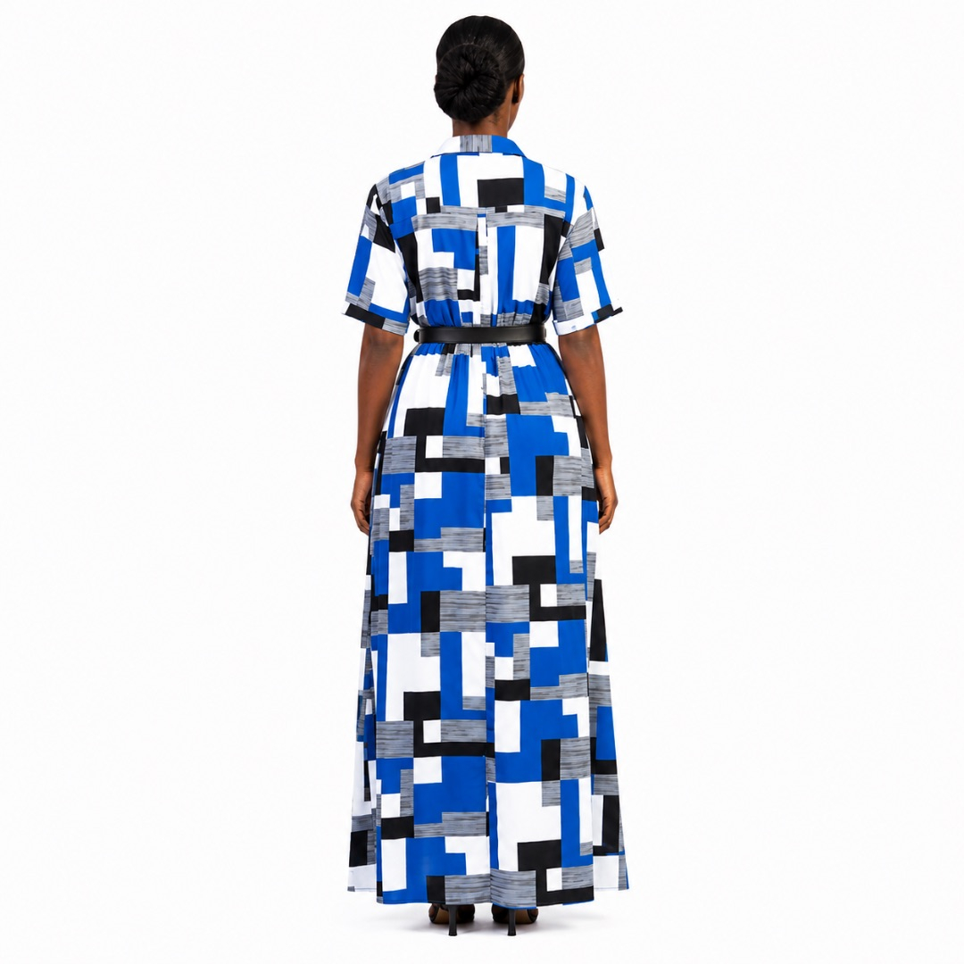 Geometric Patchwork Short Sleeve Maxi Dress with Belt