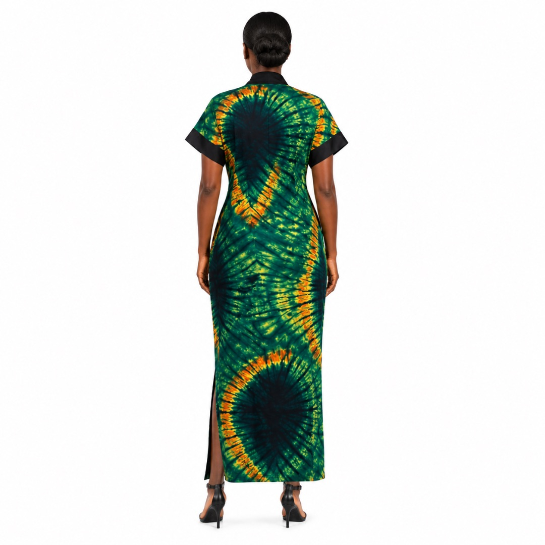 Emerald Green and Orange Tie Dye Maxi Kimono Gown