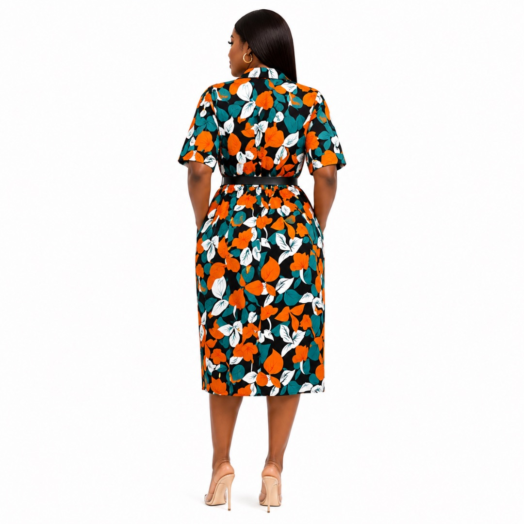 Tropical Leaf Print Shirt Dress with Contrast Waistband
