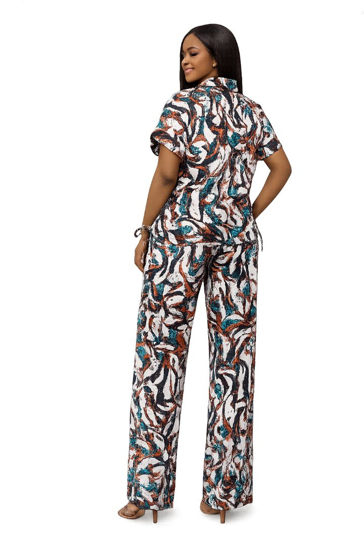 Womens Abstract Print Two Piece Shirt and Trouser CoOrd Set