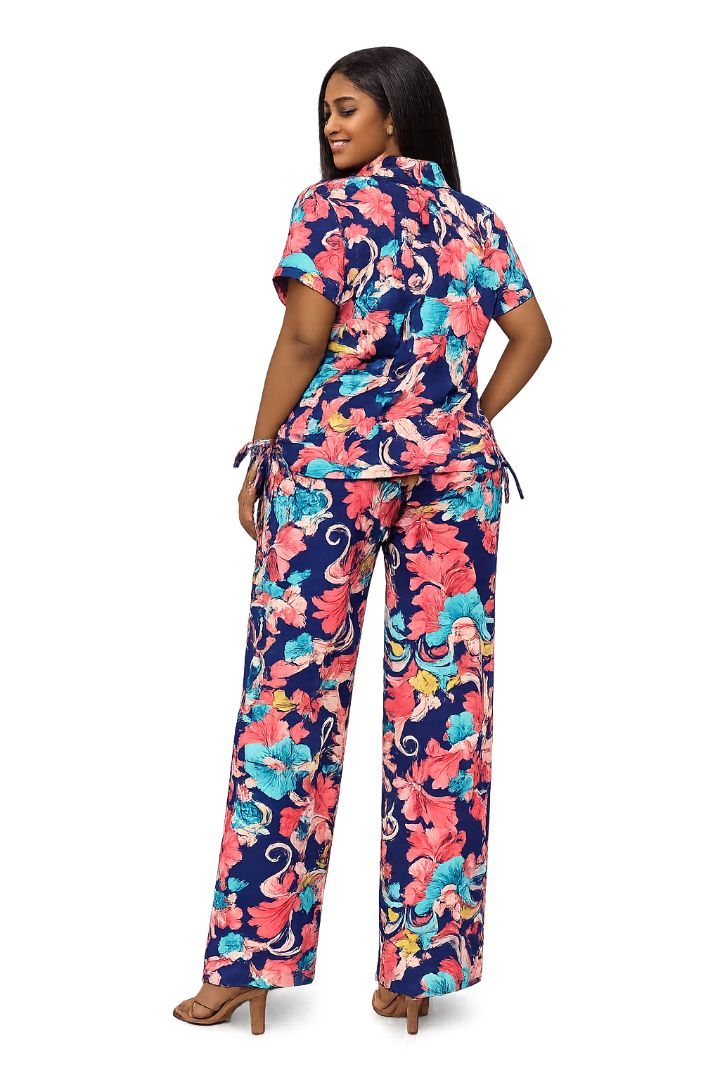 Womens Floral Print Two Piece Shirt and Trouser CoOrd Set
