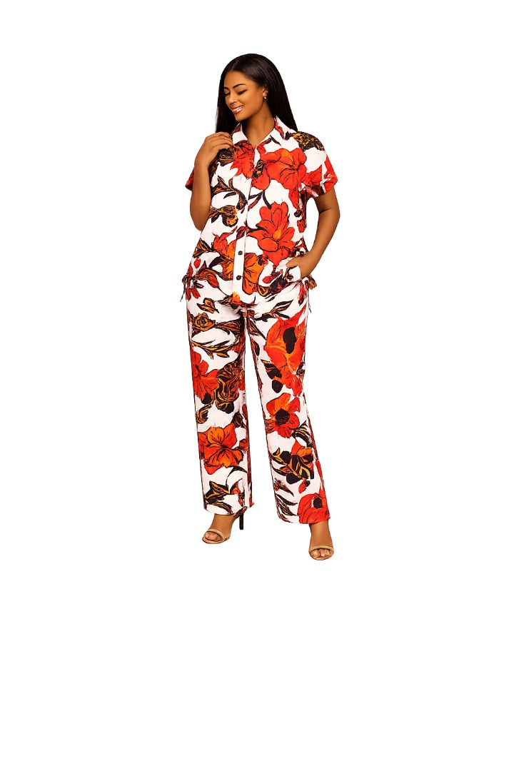 Womens Coral Blossom Abstract Floral Two Piece Set