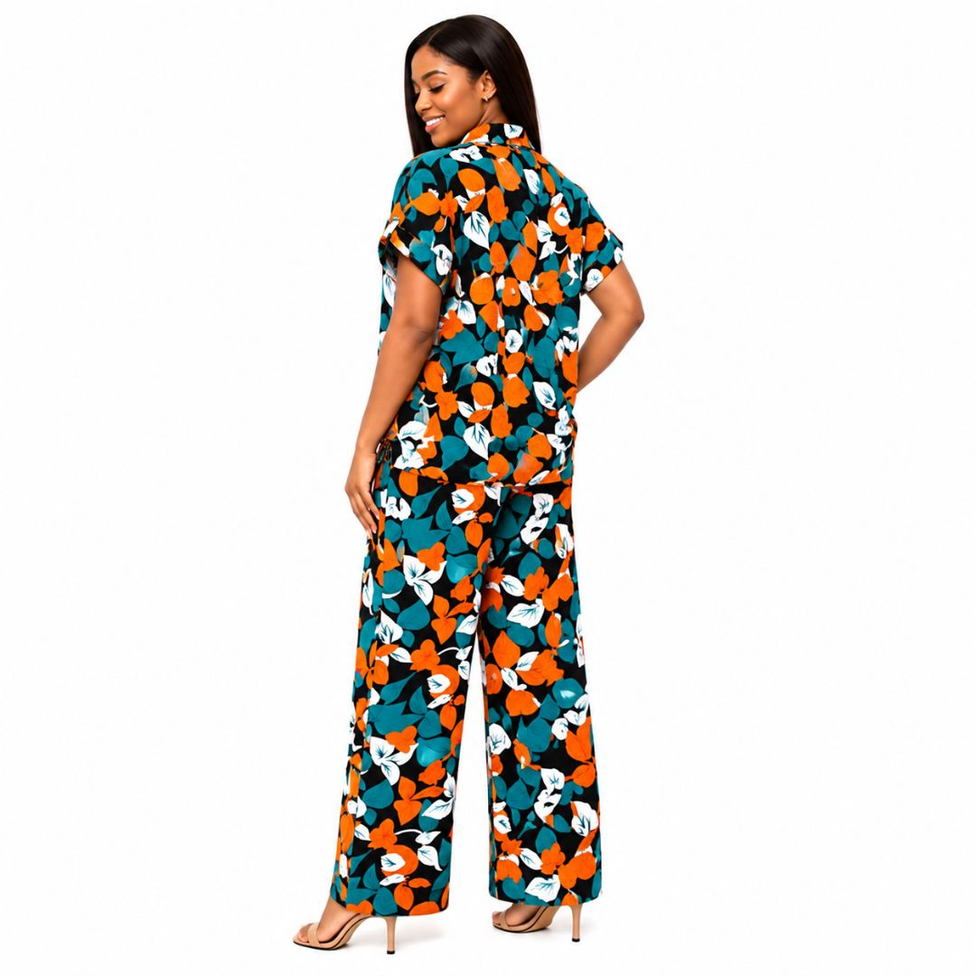 Womens Tropical Leaf Print Two Piece Shirt and Trouser Set