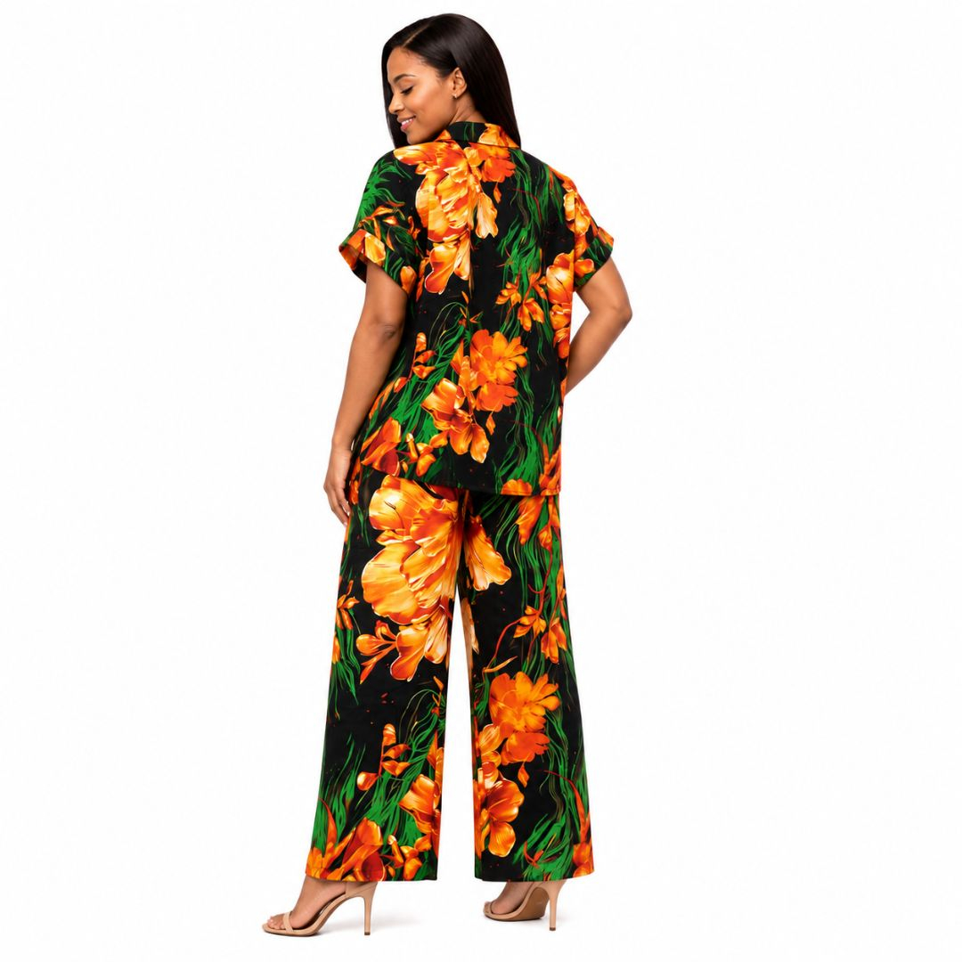 Womens Sunset Bloom Floral Two Piece Shirt and Trouser Set
