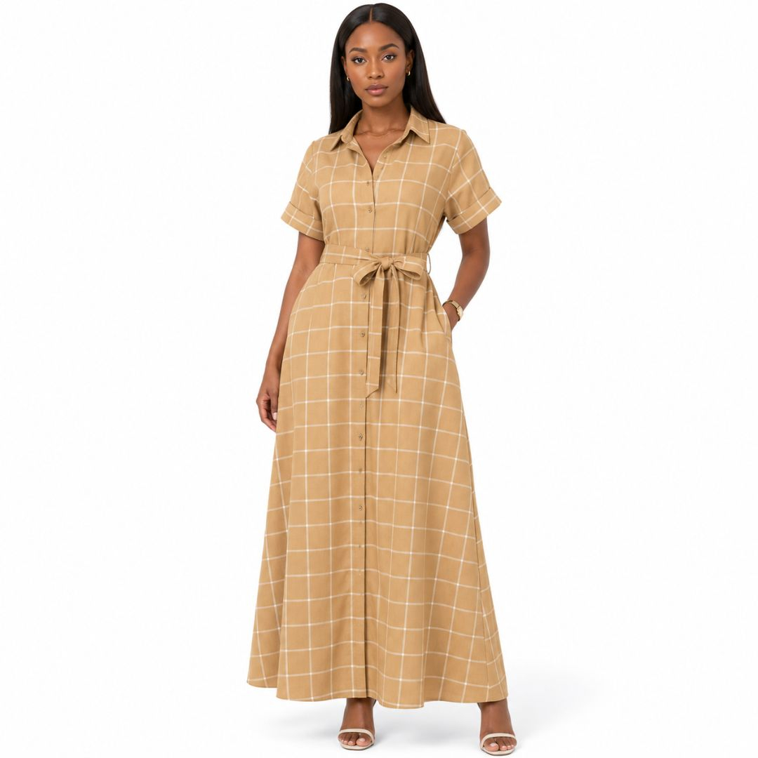 Camel Windowpane Virgin Wool Fabric