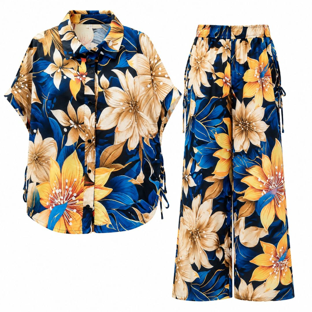 Womens Floral Print Two Piece Shirt and Wide Leg Trouser Set