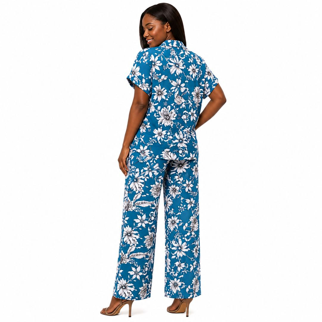 Womens Azure Bloom Floral Two Piece Shirt and Trouser Set
