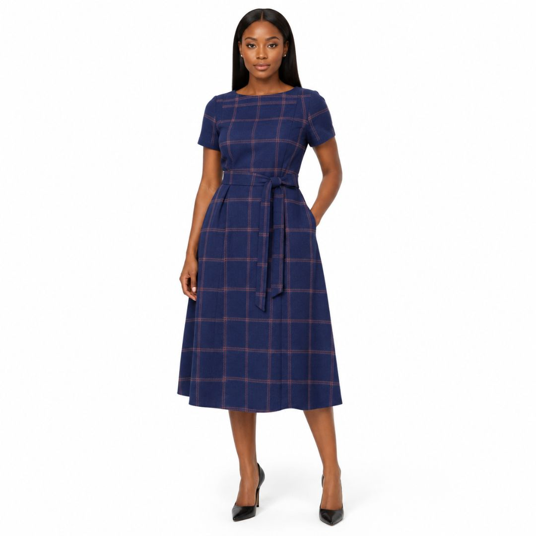 Premium Navy Windowpane Wool Fabric