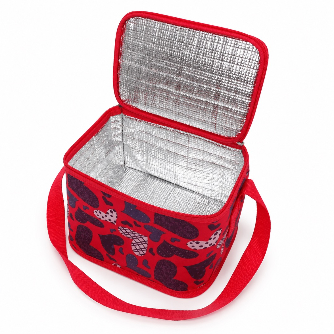 Insulated Heart Print Lunch Bag with Shoulder Strap     Red